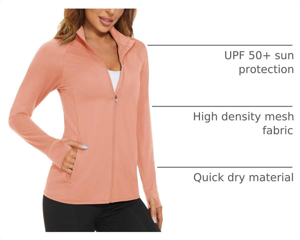MAGCOMSEN Women's UPF 50+ Lightweight Athletic Jacket Sun Protection Full Zip Long Sleeve Shirts Hiking Outdoor Pockets