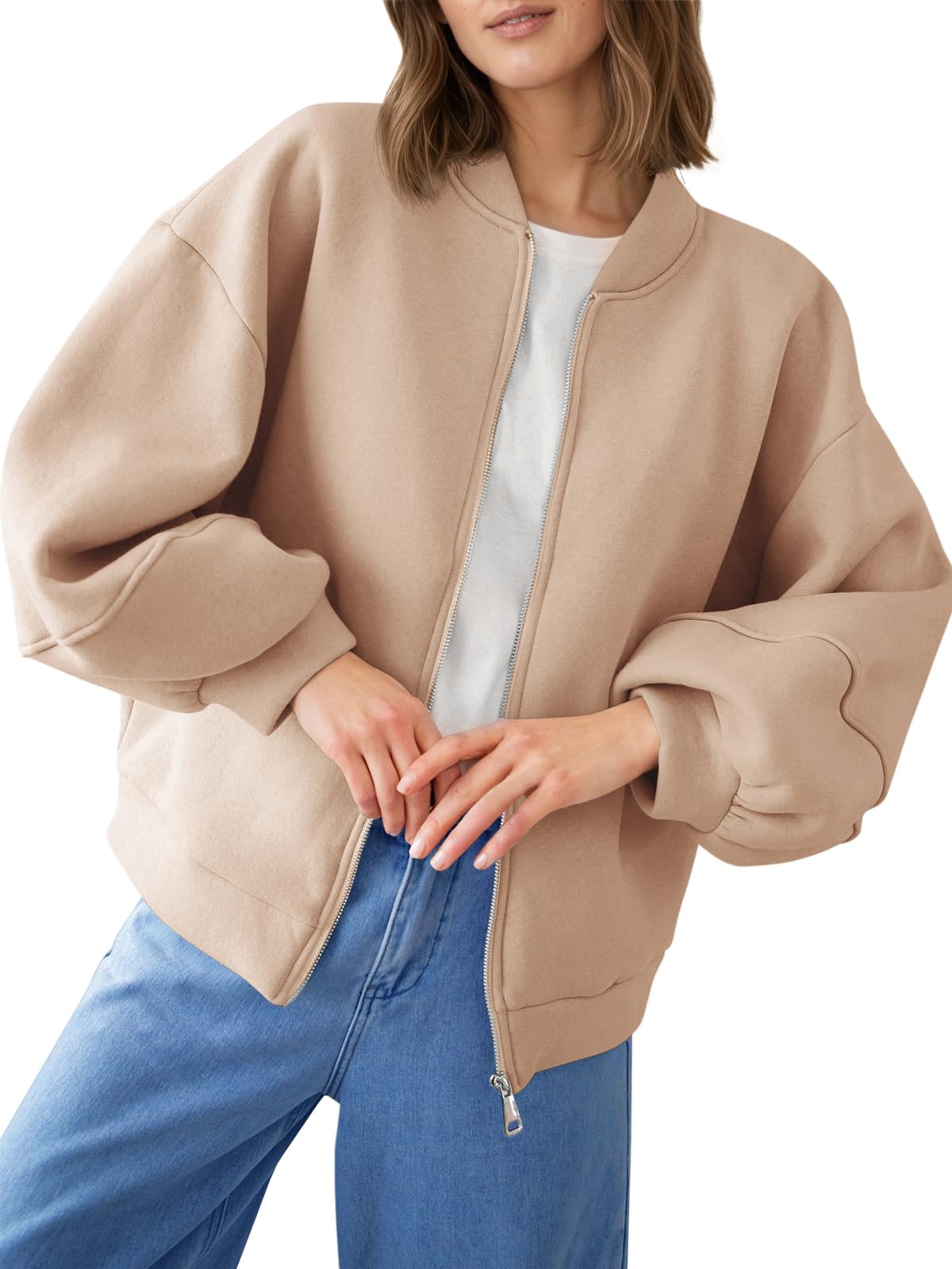 Fisoew Womens Zip Up Sweatshirt Casual Bomber Jacket Lantern Sleeve Oversized Jacket Fall Outfits 2025