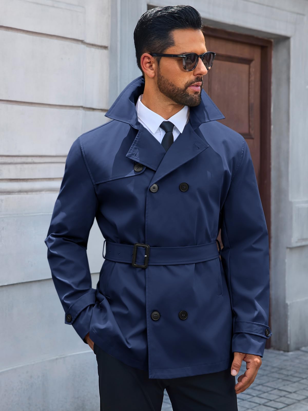 Runcati Mens Trench Coat Double Breasted Notched Lapel Jacket Casual Belted Windbreaker Overcoat