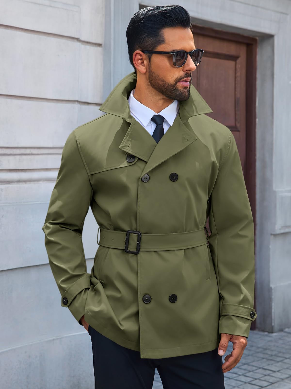 Runcati Mens Trench Coat Double Breasted Notched Lapel Jacket Casual Belted Windbreaker Overcoat