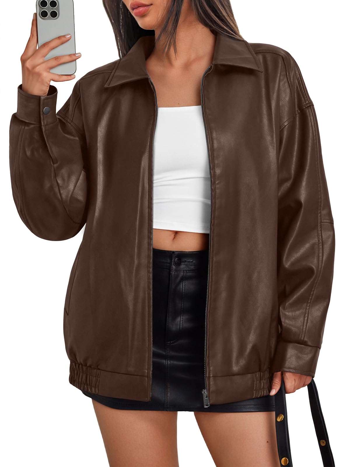 Trendy Queen Womens Oversized Leather Jacket Moto Bomber Coat Fall&Winter | Spring Jacket Boyfriend Fall Clothes Going Out Fashion Concert Party Coat Travel Airport Winter Outfits