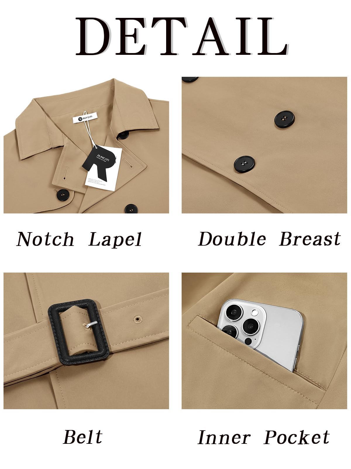 Runcati Mens Trench Coat Double Breasted Notched Lapel Jacket Casual Belted Windbreaker Overcoat