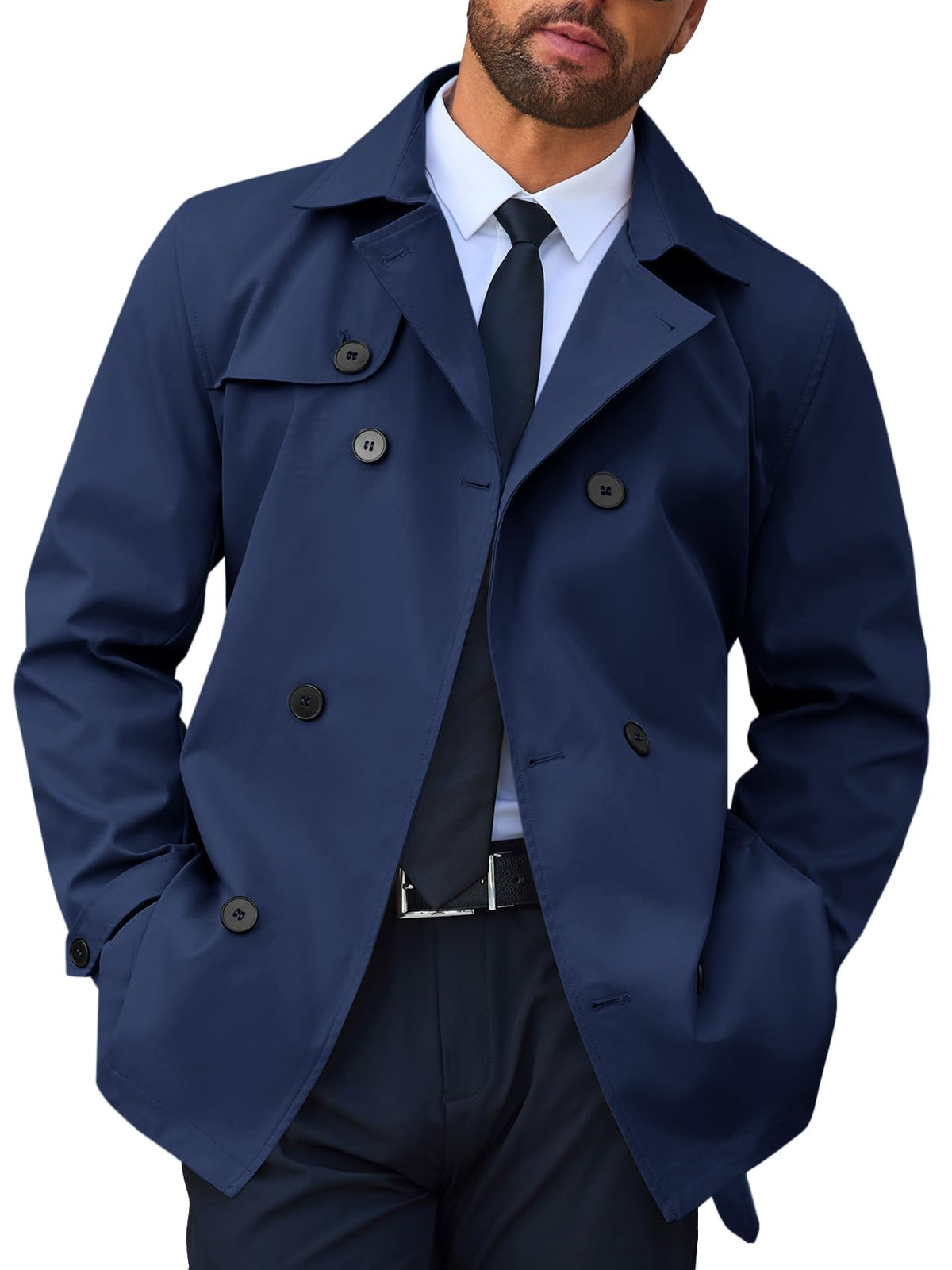 Runcati Mens Trench Coat Double Breasted Notched Lapel Jacket Casual Belted Windbreaker Overcoat