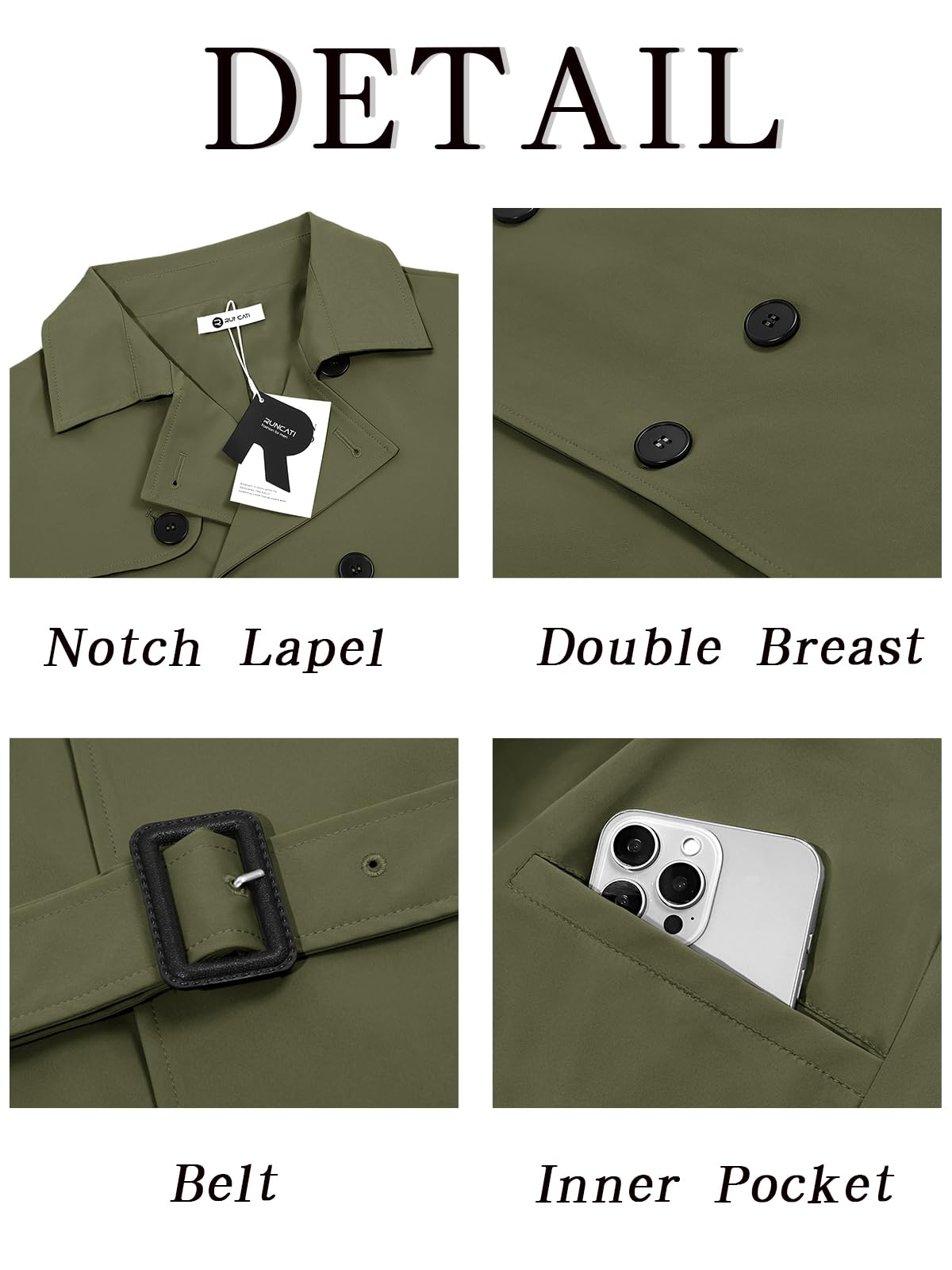 Runcati Mens Trench Coat Double Breasted Notched Lapel Jacket Casual Belted Windbreaker Overcoat