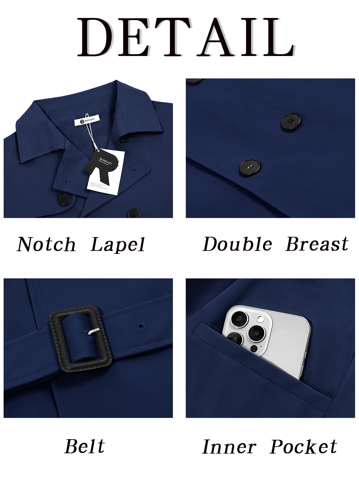 Runcati Mens Trench Coat Double Breasted Notched Lapel Jacket Casual Belted Windbreaker Overcoat