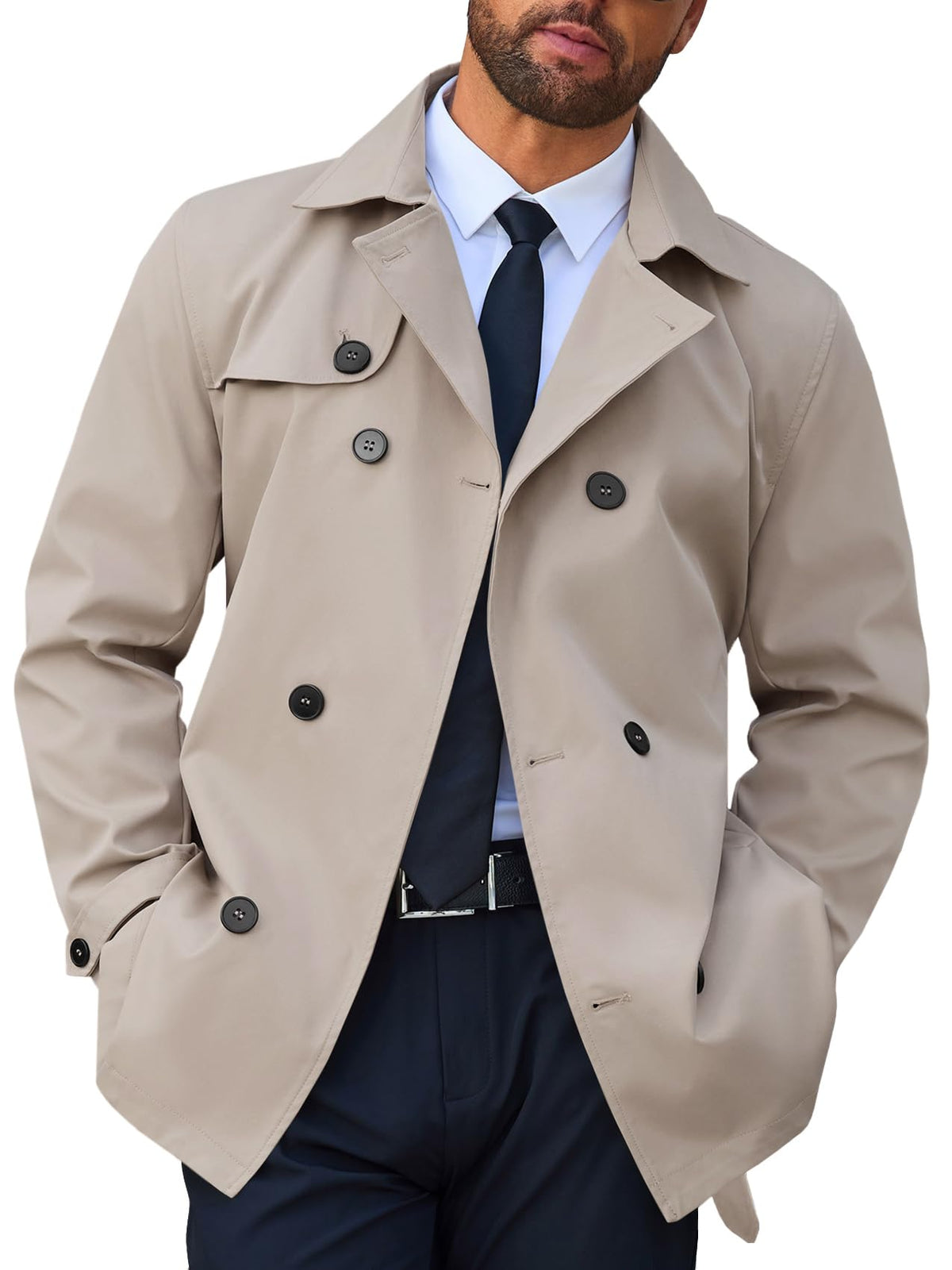 Runcati Mens Trench Coat Double Breasted Notched Lapel Jacket Casual Belted Windbreaker Overcoat