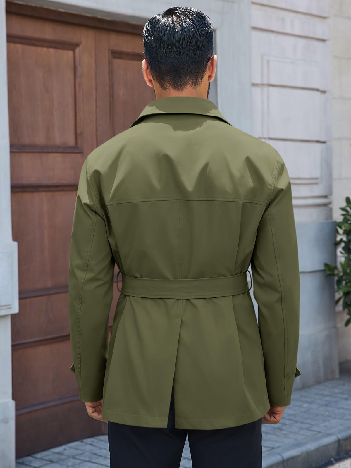 Runcati Mens Trench Coat Double Breasted Notched Lapel Jacket Casual Belted Windbreaker Overcoat