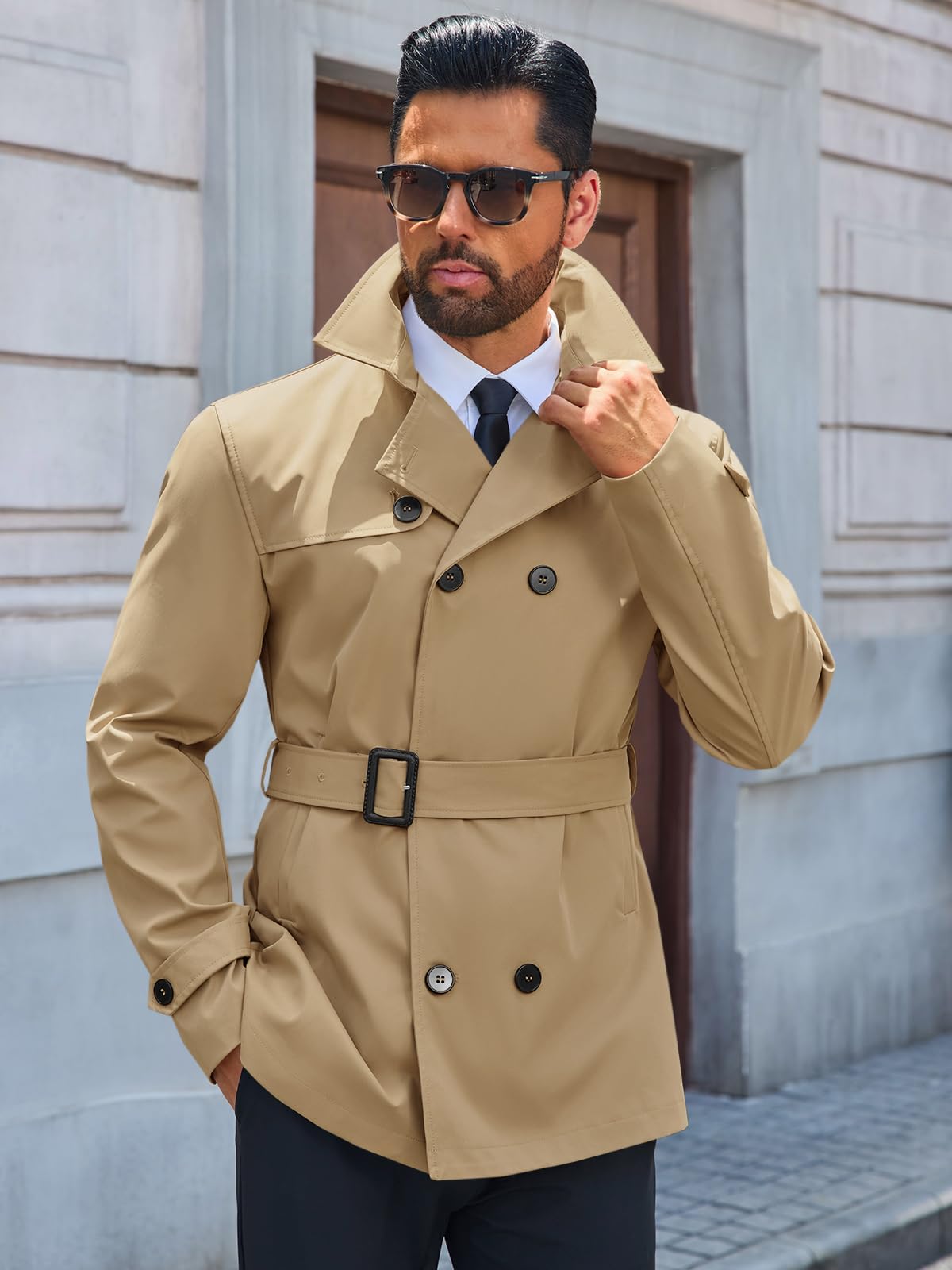 Runcati Mens Trench Coat Double Breasted Notched Lapel Jacket Casual Belted Windbreaker Overcoat