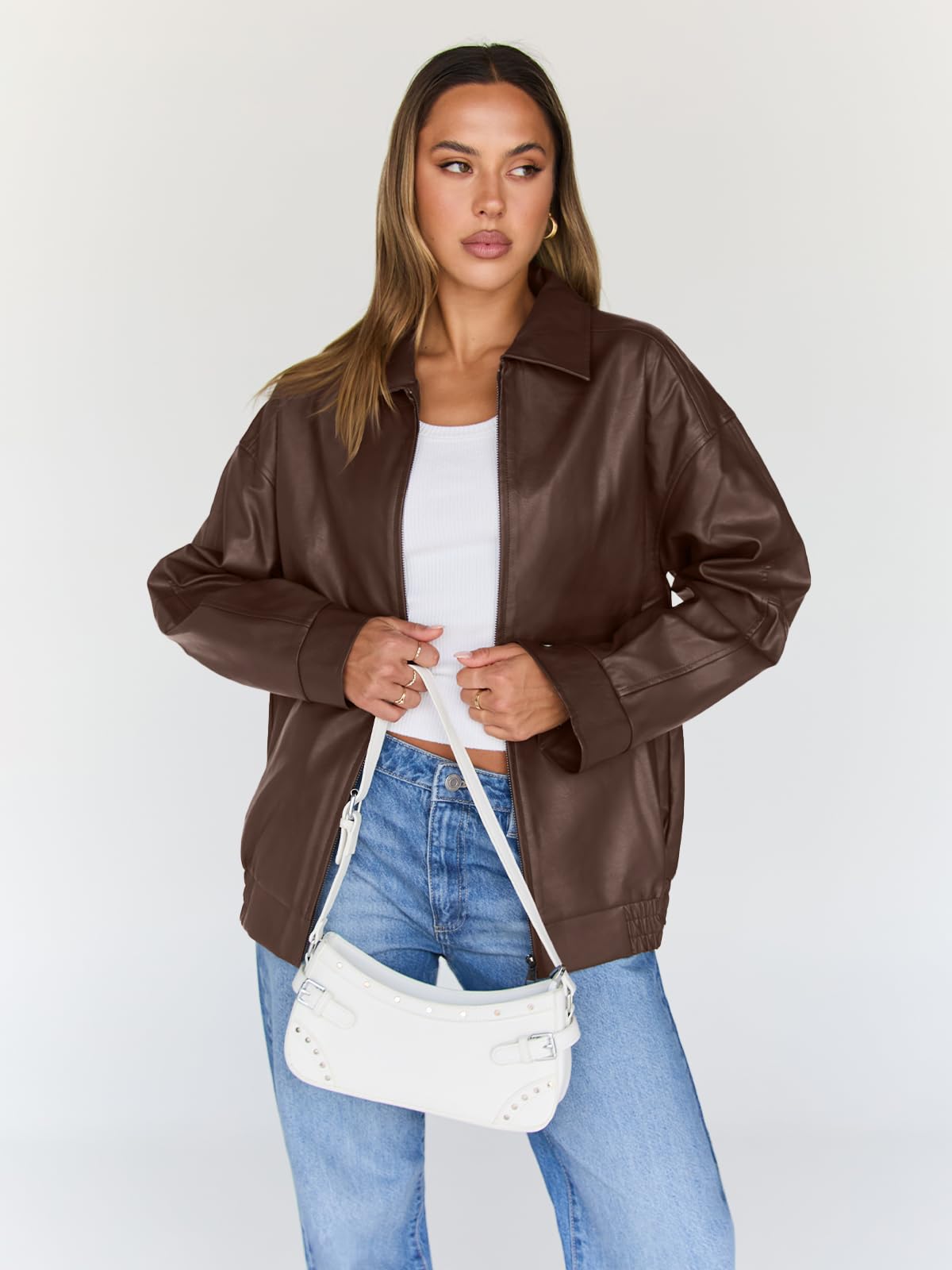 Trendy Queen Womens Oversized Leather Jacket Moto Bomber Coat Fall&Winter | Spring Jacket Boyfriend Fall Clothes Going Out Fashion Concert Party Coat Travel Airport Winter Outfits