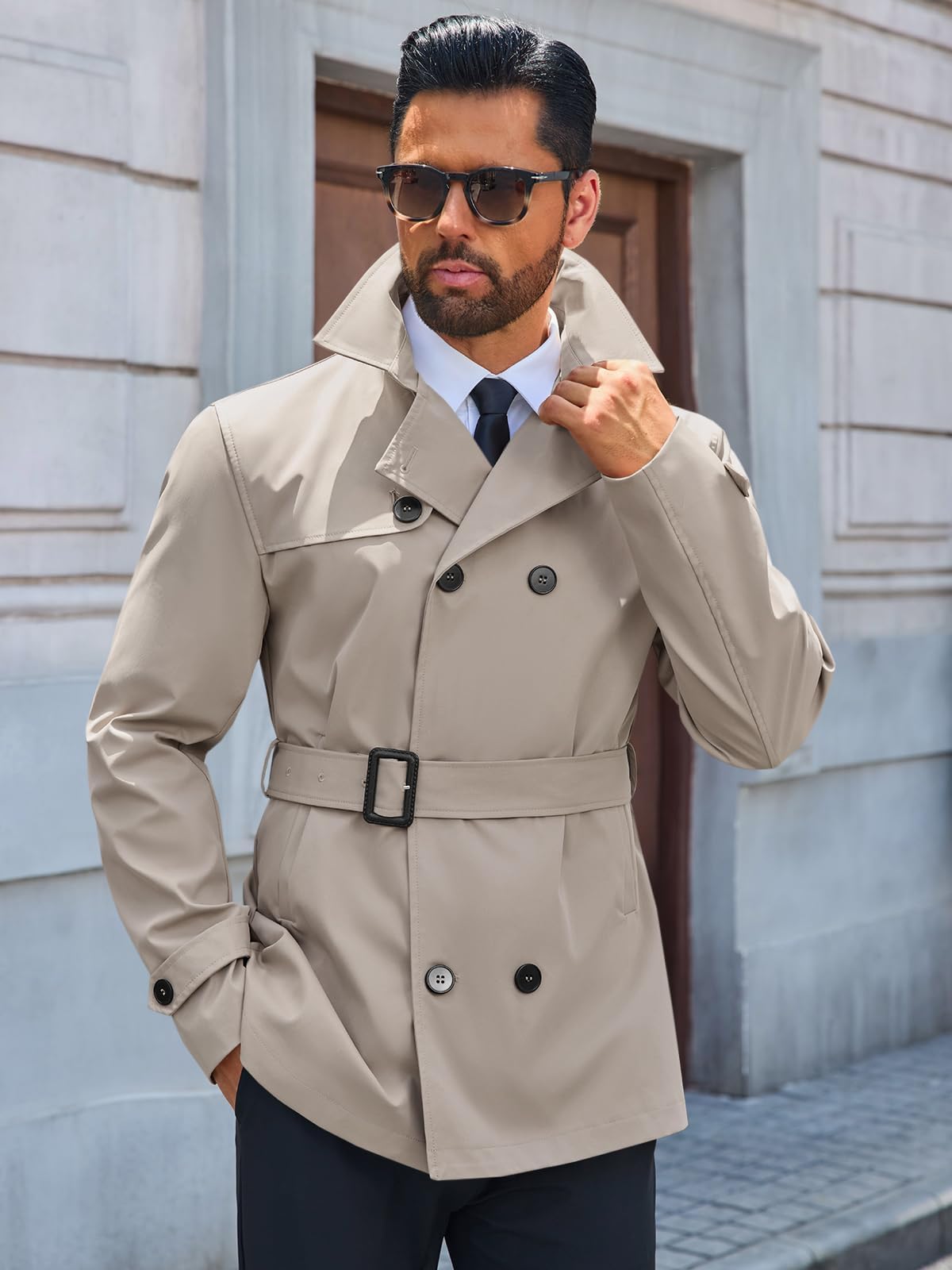 Runcati Mens Trench Coat Double Breasted Notched Lapel Jacket Casual Belted Windbreaker Overcoat