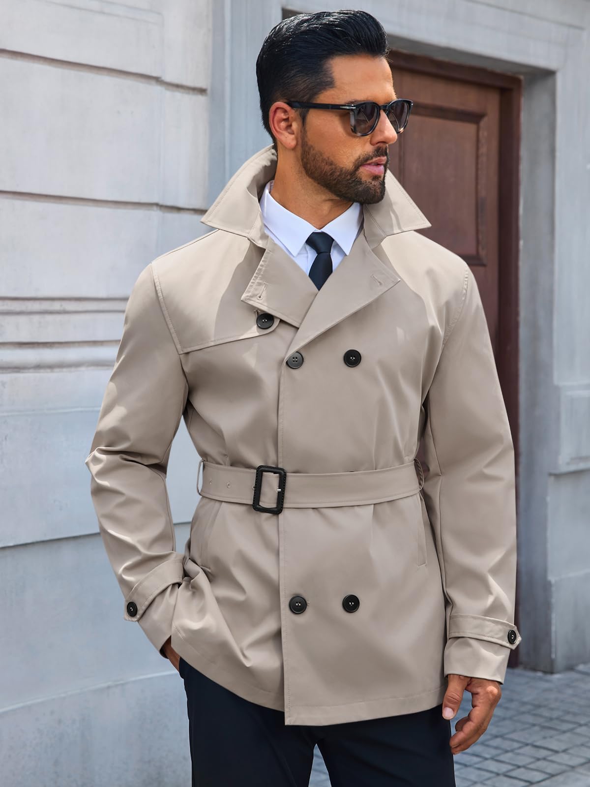 Runcati Mens Trench Coat Double Breasted Notched Lapel Jacket Casual Belted Windbreaker Overcoat