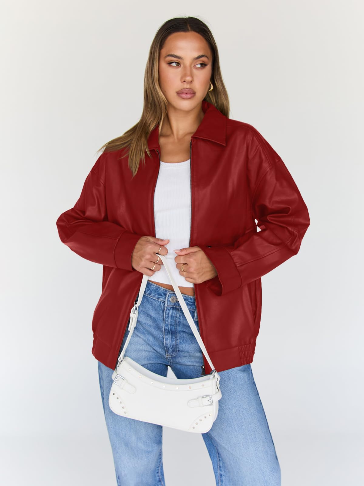 Trendy Queen Womens Oversized Leather Jacket Moto Bomber Coat Fall&Winter | Spring Jacket Boyfriend Fall Clothes Going Out Fashion Concert Party Coat Travel Airport Winter Outfits