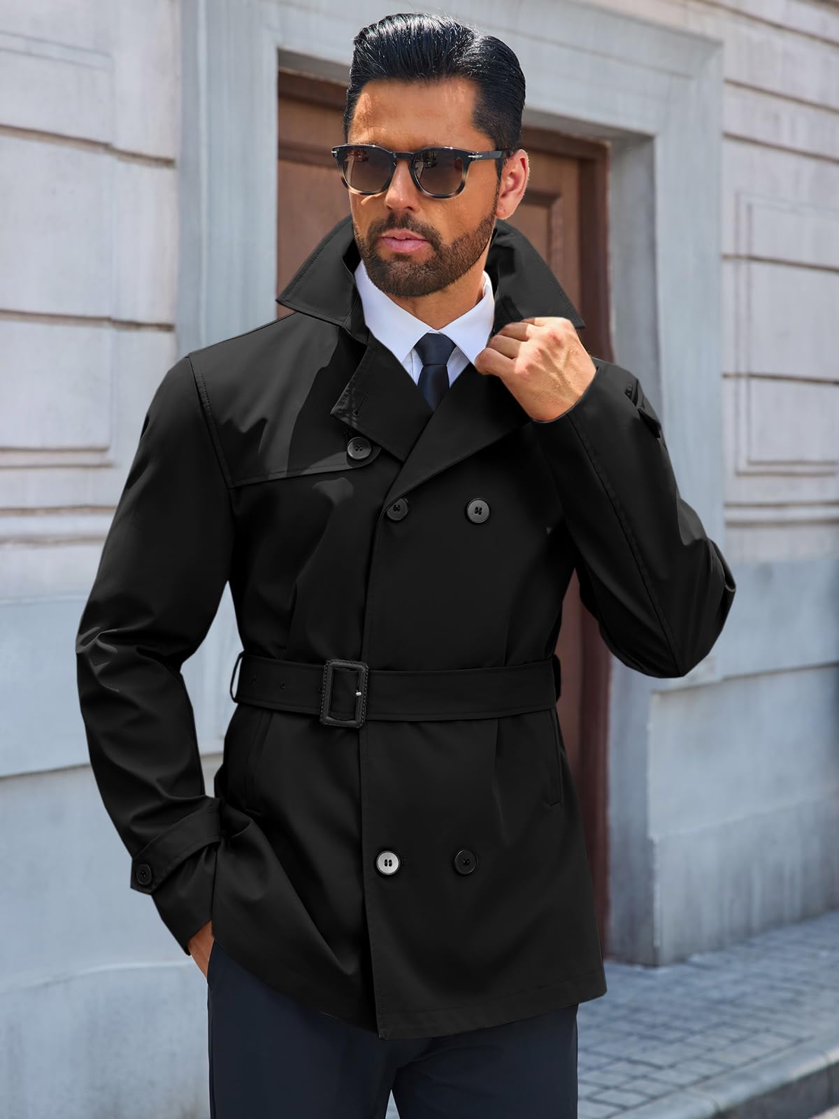 Runcati Mens Trench Coat Double Breasted Notched Lapel Jacket Casual Belted Windbreaker Overcoat