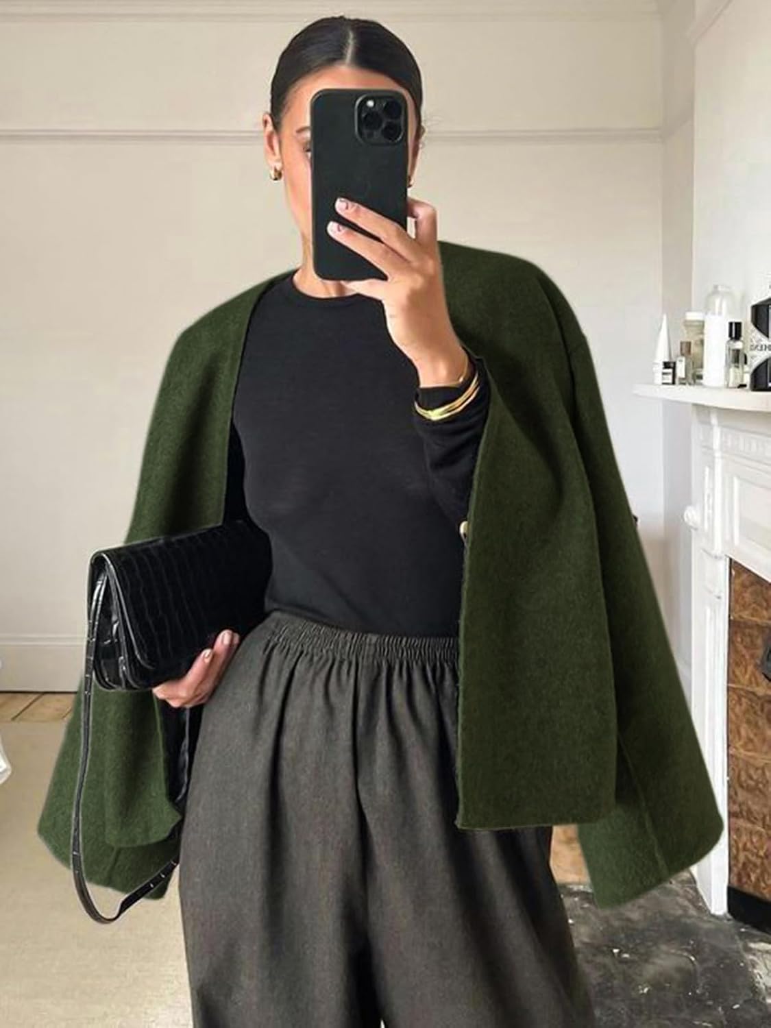 HOTIAN Women Cropped Wool Blend Coats Long Sleeve Coat Jacket Peacoat Fall Winter Outwear Overcoat