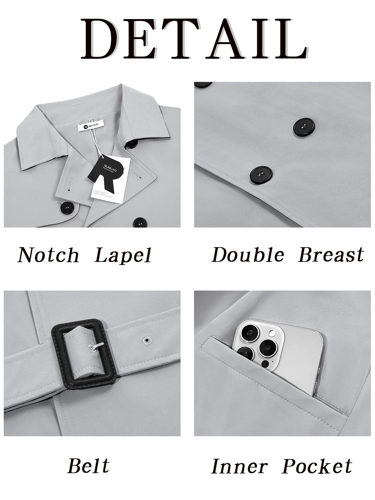 Runcati Mens Trench Coat Double Breasted Notched Lapel Jacket Casual Belted Windbreaker Overcoat