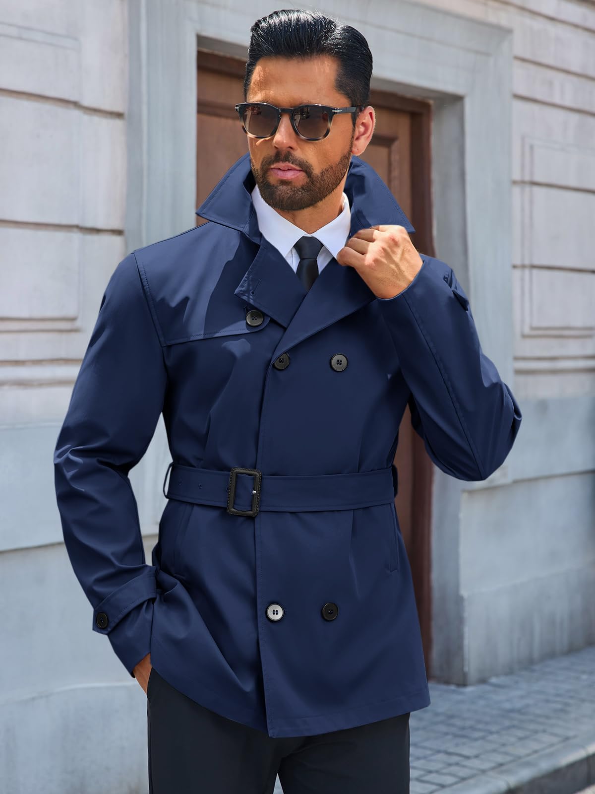 Runcati Mens Trench Coat Double Breasted Notched Lapel Jacket Casual Belted Windbreaker Overcoat