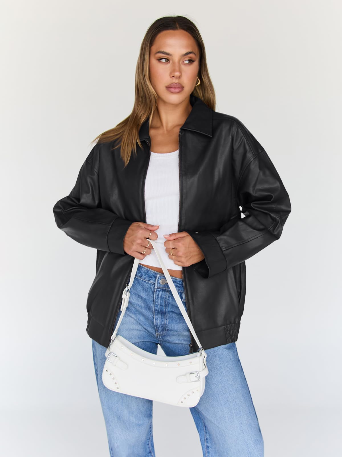 Trendy Queen Womens Oversized Leather Jacket Moto Bomber Coat Fall&Winter | Spring Jacket Boyfriend Fall Clothes Going Out Fashion Concert Party Coat Travel Airport Winter Outfits