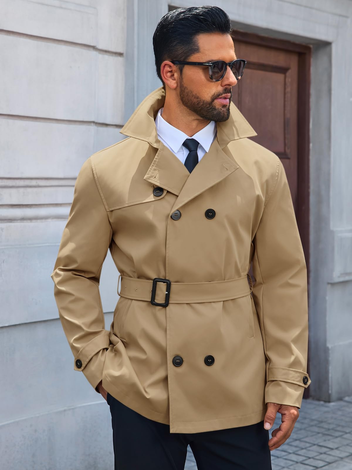 Runcati Mens Trench Coat Double Breasted Notched Lapel Jacket Casual Belted Windbreaker Overcoat