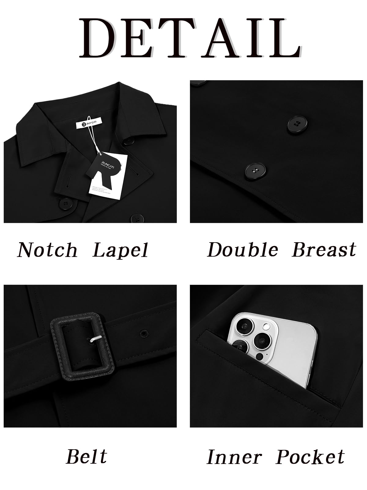 Runcati Mens Trench Coat Double Breasted Notched Lapel Jacket Casual Belted Windbreaker Overcoat