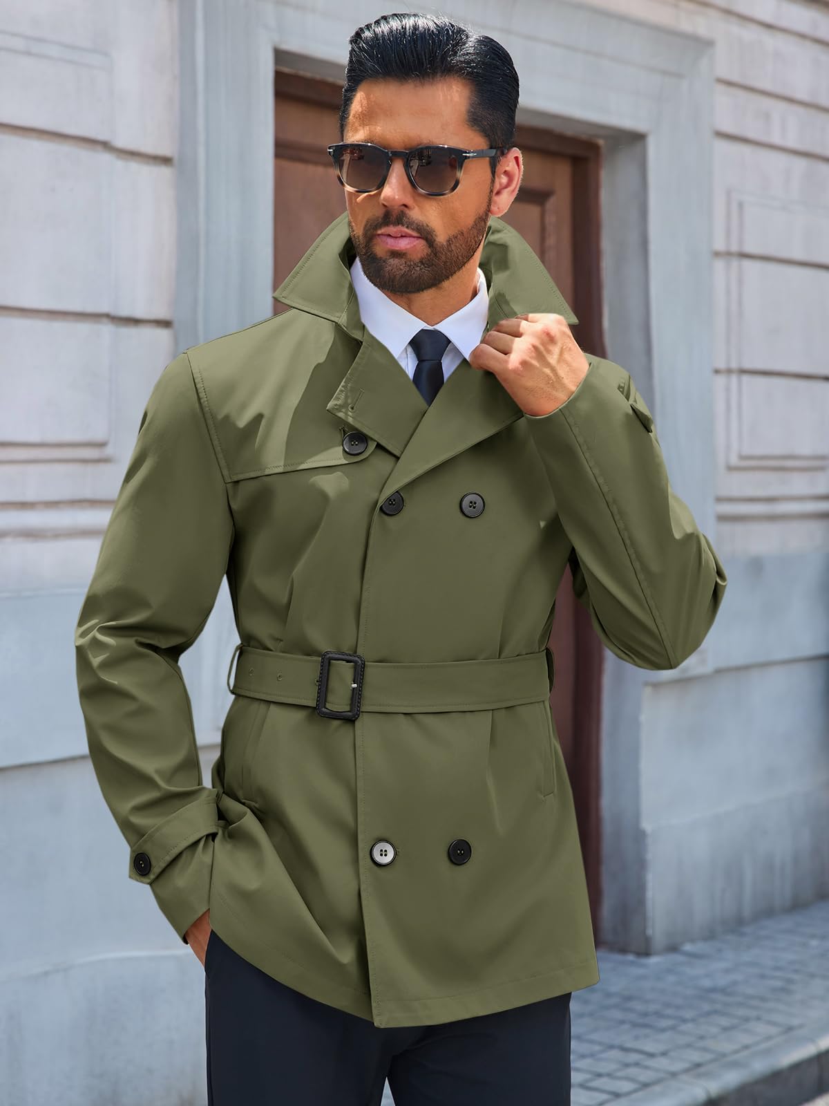 Runcati Mens Trench Coat Double Breasted Notched Lapel Jacket Casual Belted Windbreaker Overcoat