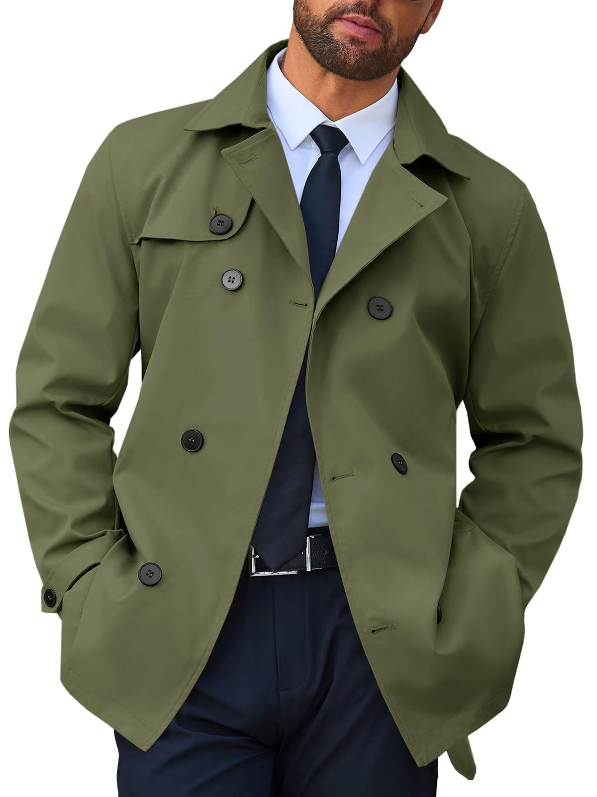 Runcati Mens Trench Coat Double Breasted Notched Lapel Jacket Casual Belted Windbreaker Overcoat