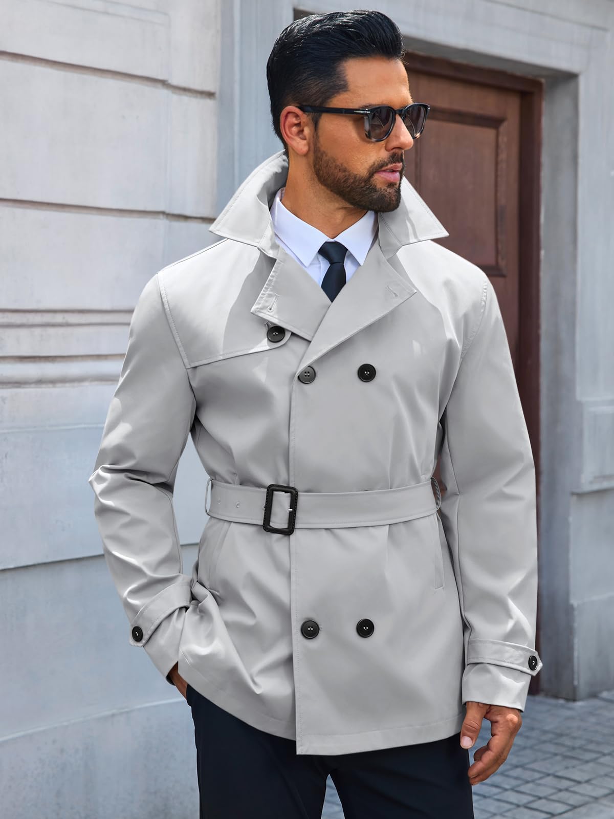 Runcati Mens Trench Coat Double Breasted Notched Lapel Jacket Casual Belted Windbreaker Overcoat