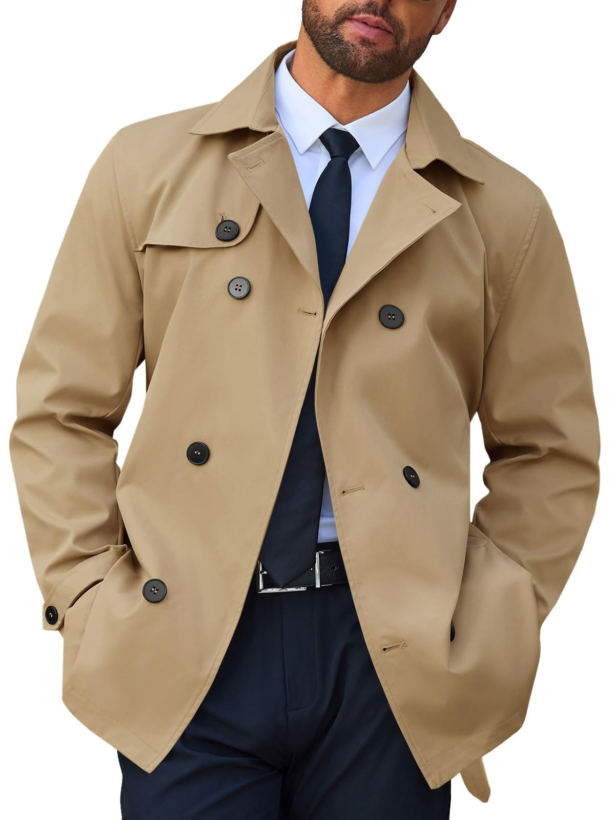 Runcati Mens Trench Coat Double Breasted Notched Lapel Jacket Casual Belted Windbreaker Overcoat
