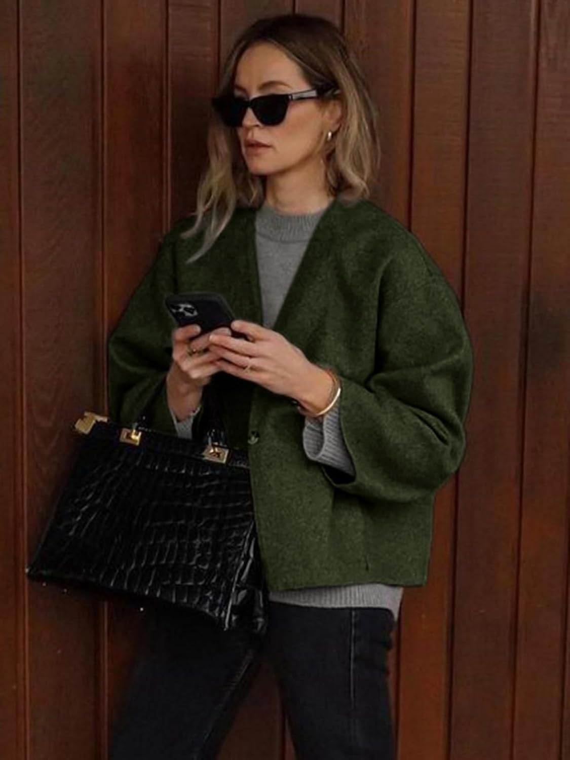 HOTIAN Women Cropped Wool Blend Coats Long Sleeve Coat Jacket Peacoat Fall Winter Outwear Overcoat