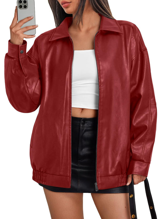Trendy Queen Womens Oversized Leather Jacket Moto Bomber Coat Fall&Winter | Spring Jacket Boyfriend Fall Clothes Going Out Fashion Concert Party Coat Travel Airport Winter Outfits