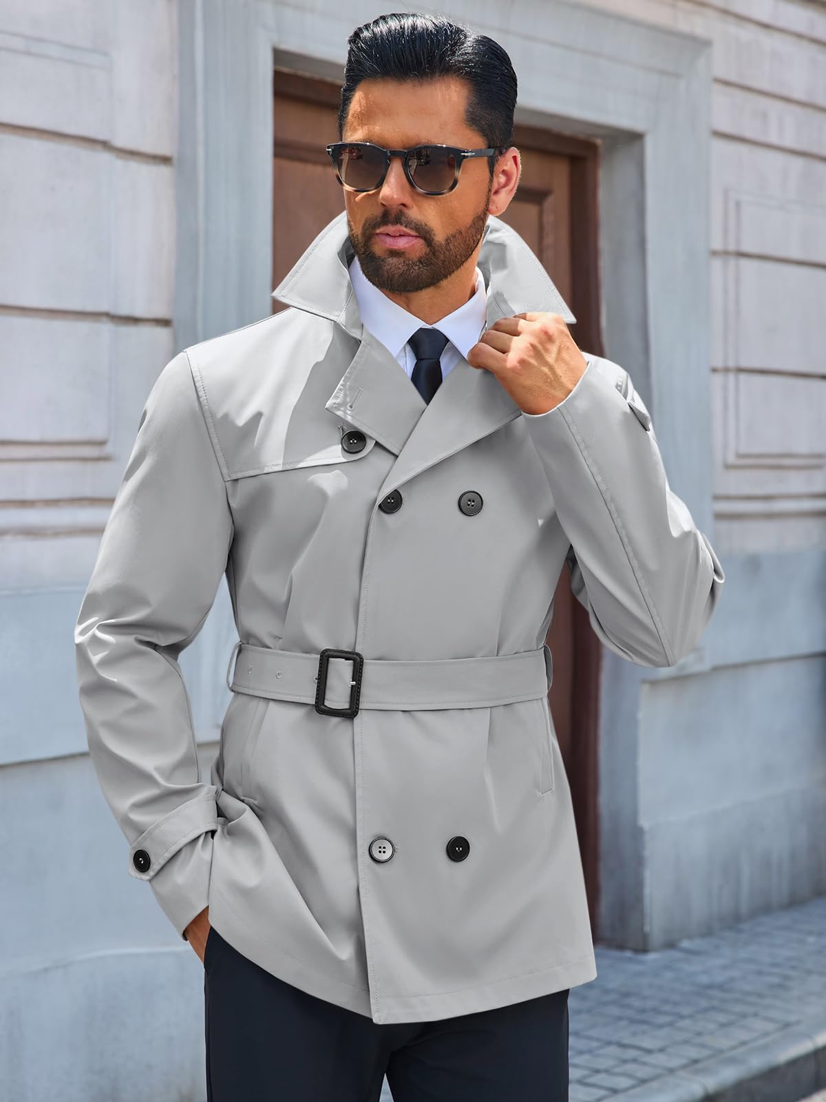 Runcati Mens Trench Coat Double Breasted Notched Lapel Jacket Casual Belted Windbreaker Overcoat
