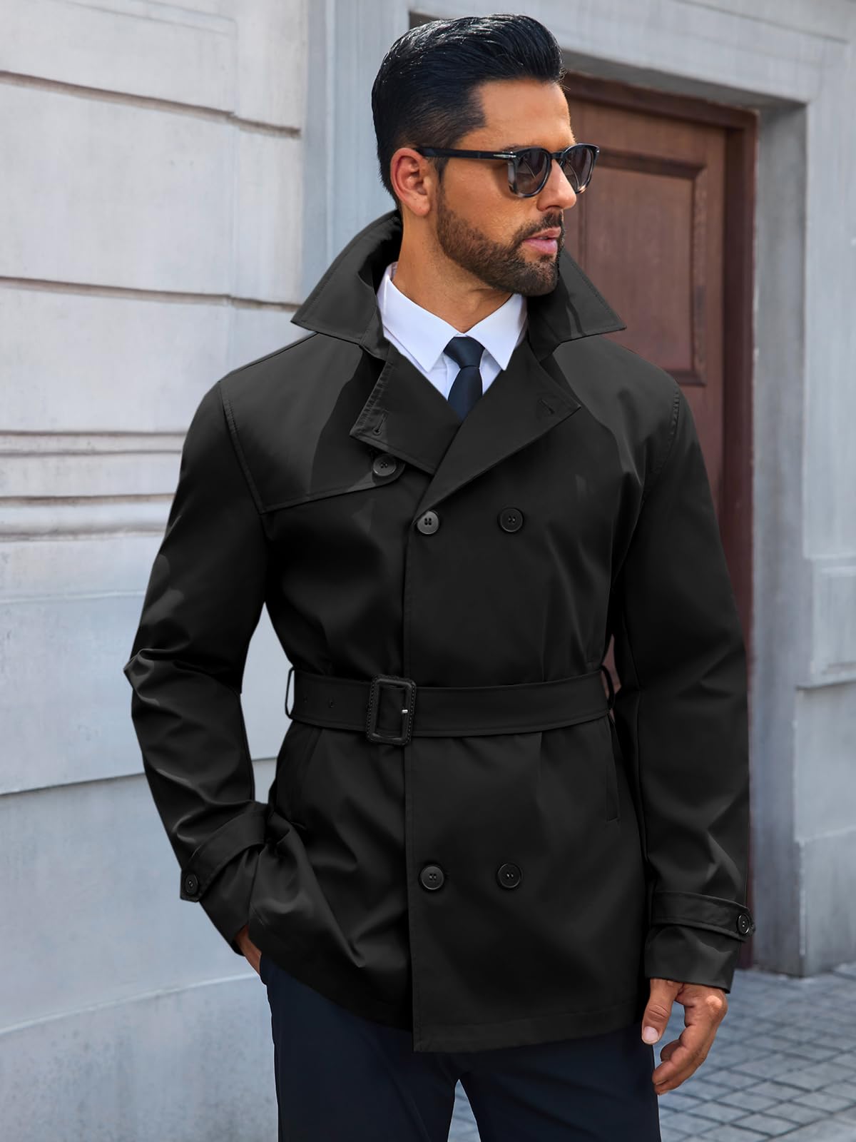 Runcati Mens Trench Coat Double Breasted Notched Lapel Jacket Casual Belted Windbreaker Overcoat