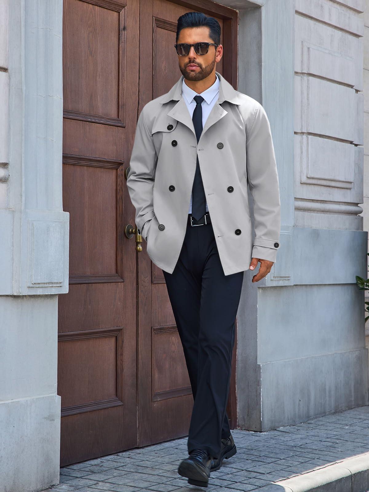 Runcati Mens Trench Coat Double Breasted Notched Lapel Jacket Casual Belted Windbreaker Overcoat