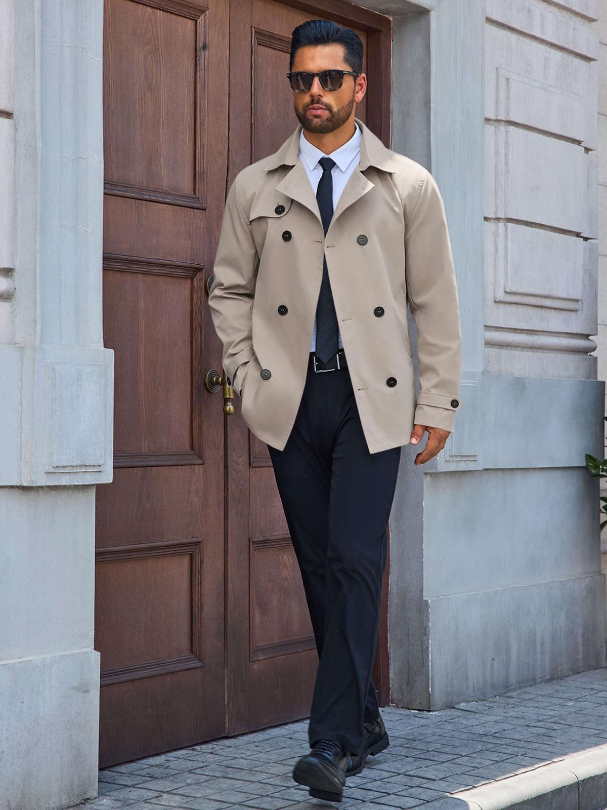 Runcati Mens Trench Coat Double Breasted Notched Lapel Jacket Casual Belted Windbreaker Overcoat