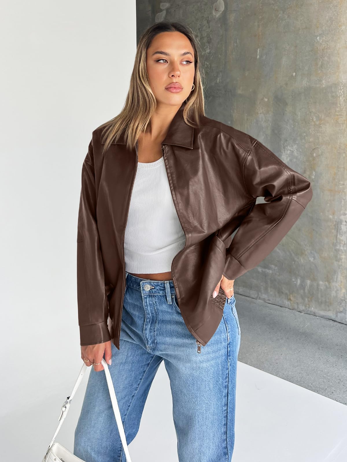 Trendy Queen Womens Oversized Leather Jacket Moto Bomber Coat Fall&Winter | Spring Jacket Boyfriend Fall Clothes Going Out Fashion Concert Party Coat Travel Airport Winter Outfits