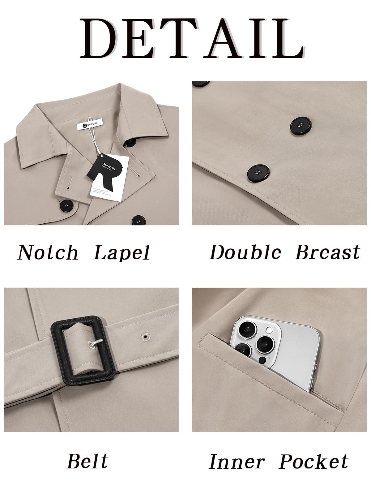 Runcati Mens Trench Coat Double Breasted Notched Lapel Jacket Casual Belted Windbreaker Overcoat