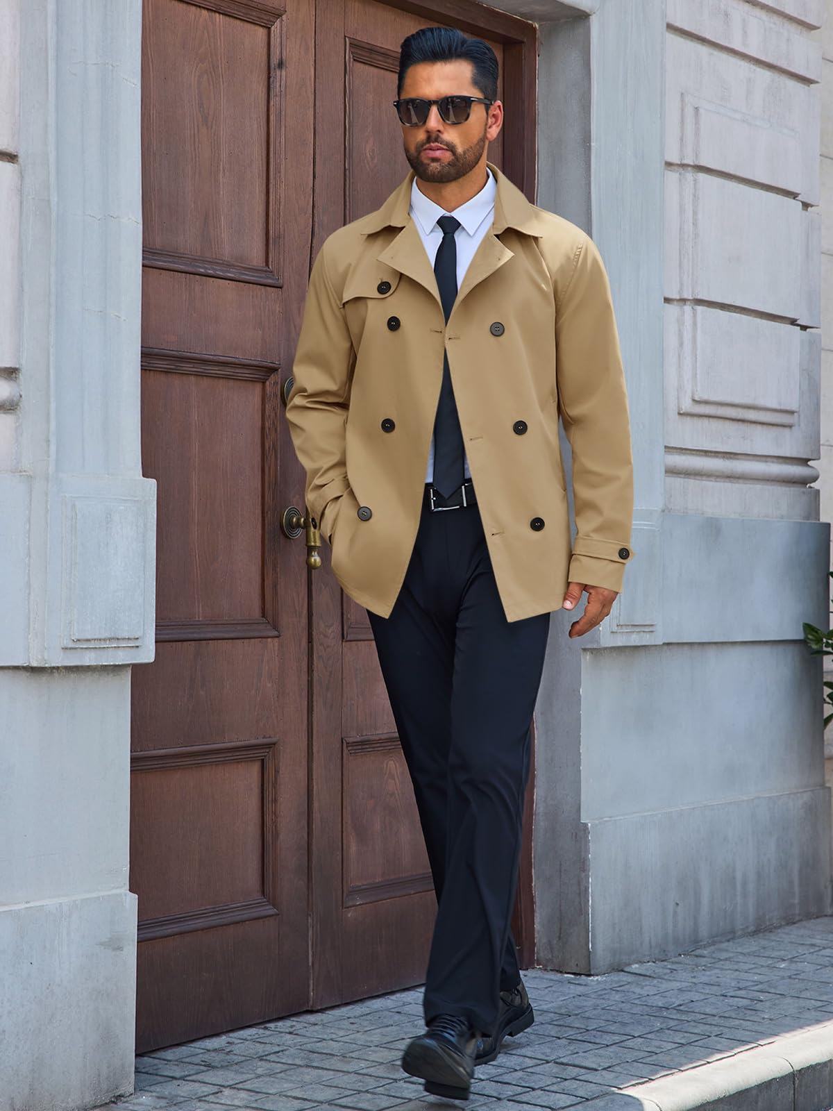 Runcati Mens Trench Coat Double Breasted Notched Lapel Jacket Casual Belted Windbreaker Overcoat