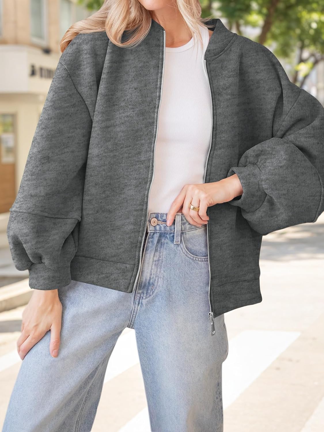 Fisoew Womens Zip Up Sweatshirt Casual Bomber Jacket Lantern Sleeve Oversized Jacket Fall Outfits 2025