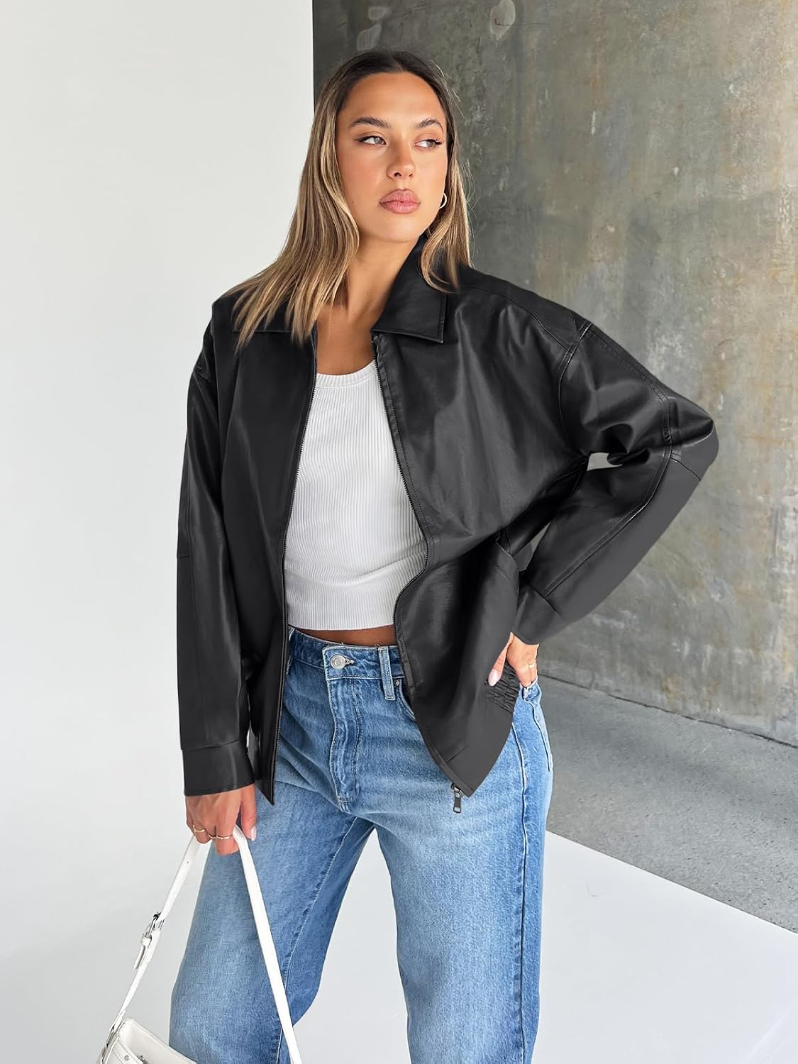 Trendy Queen Womens Oversized Leather Jacket Moto Bomber Coat Fall&Winter | Spring Jacket Boyfriend Fall Clothes Going Out Fashion Concert Party Coat Travel Airport Winter Outfits
