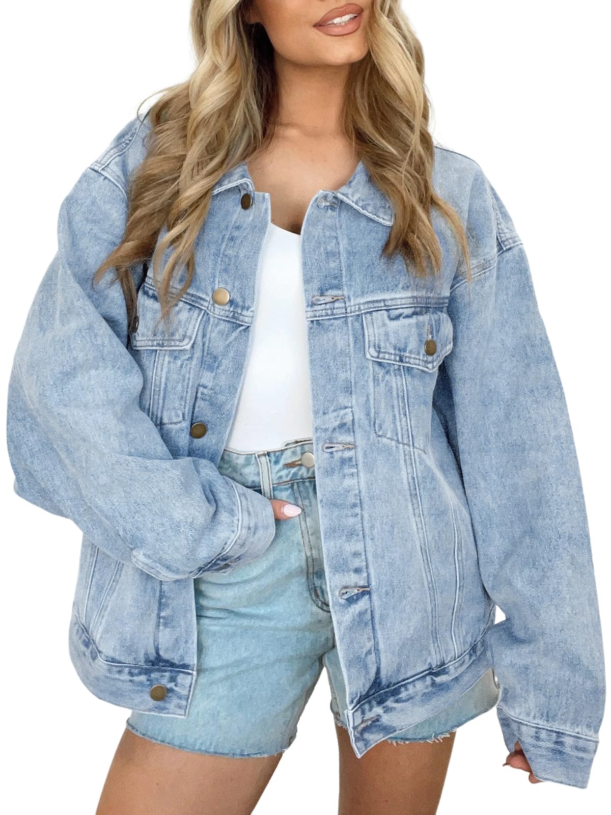 AUTOMET Women's Button Down Oversized Jeans Jacket with Pockets | Classic Denim Jacket with Chest Pockets, Loose Fit Boyfriend Style Coat for Fall