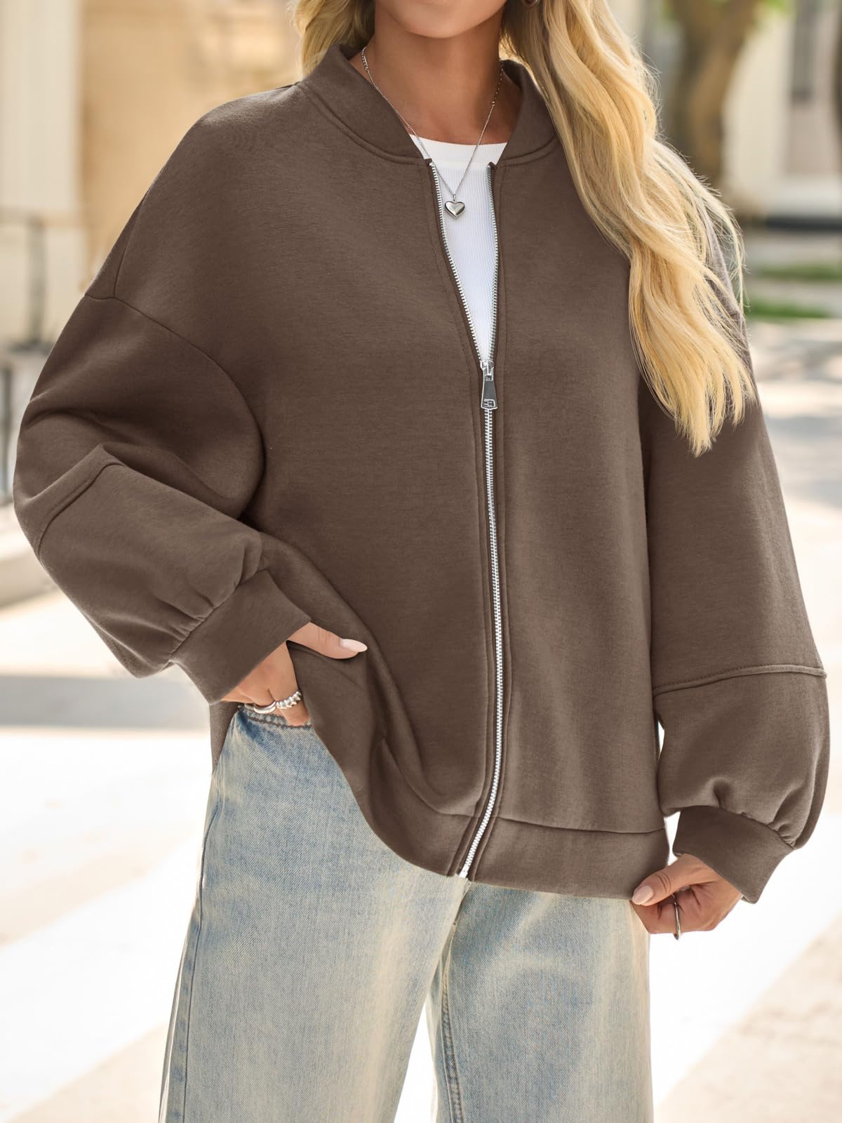Fisoew Womens Zip Up Sweatshirt Casual Bomber Jacket Lantern Sleeve Oversized Jacket Fall Outfits 2025