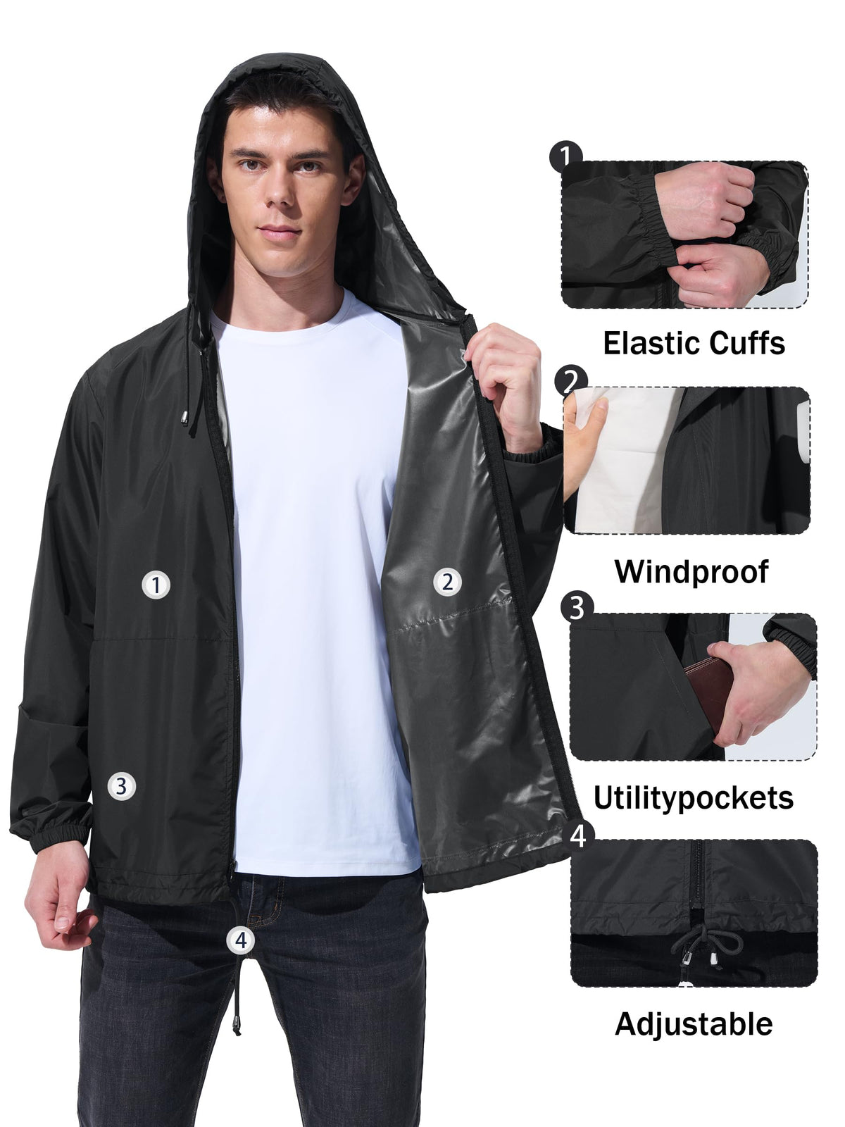 UIQUR Mens Rain Jacket Raincoat Windbreaker Running Waterproof Lightweight Packable with Hood Travel Hiking Cycling