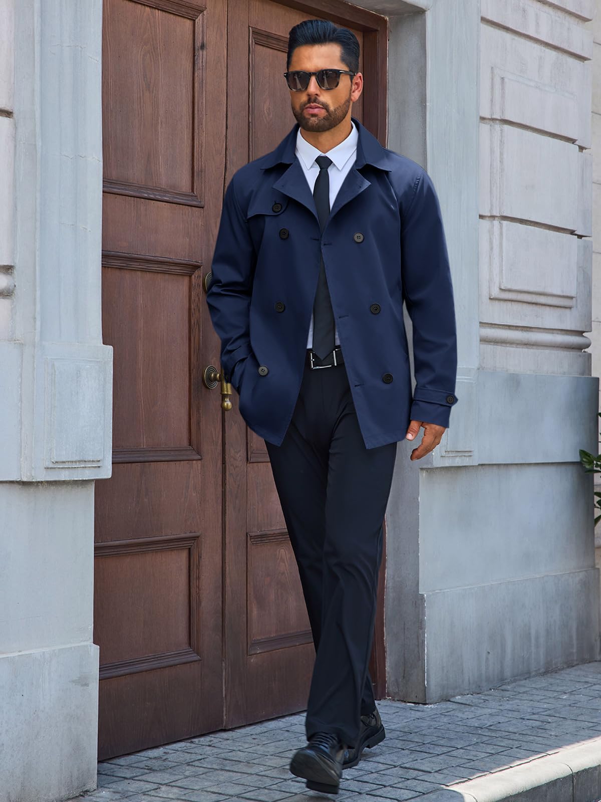 Runcati Mens Trench Coat Double Breasted Notched Lapel Jacket Casual Belted Windbreaker Overcoat