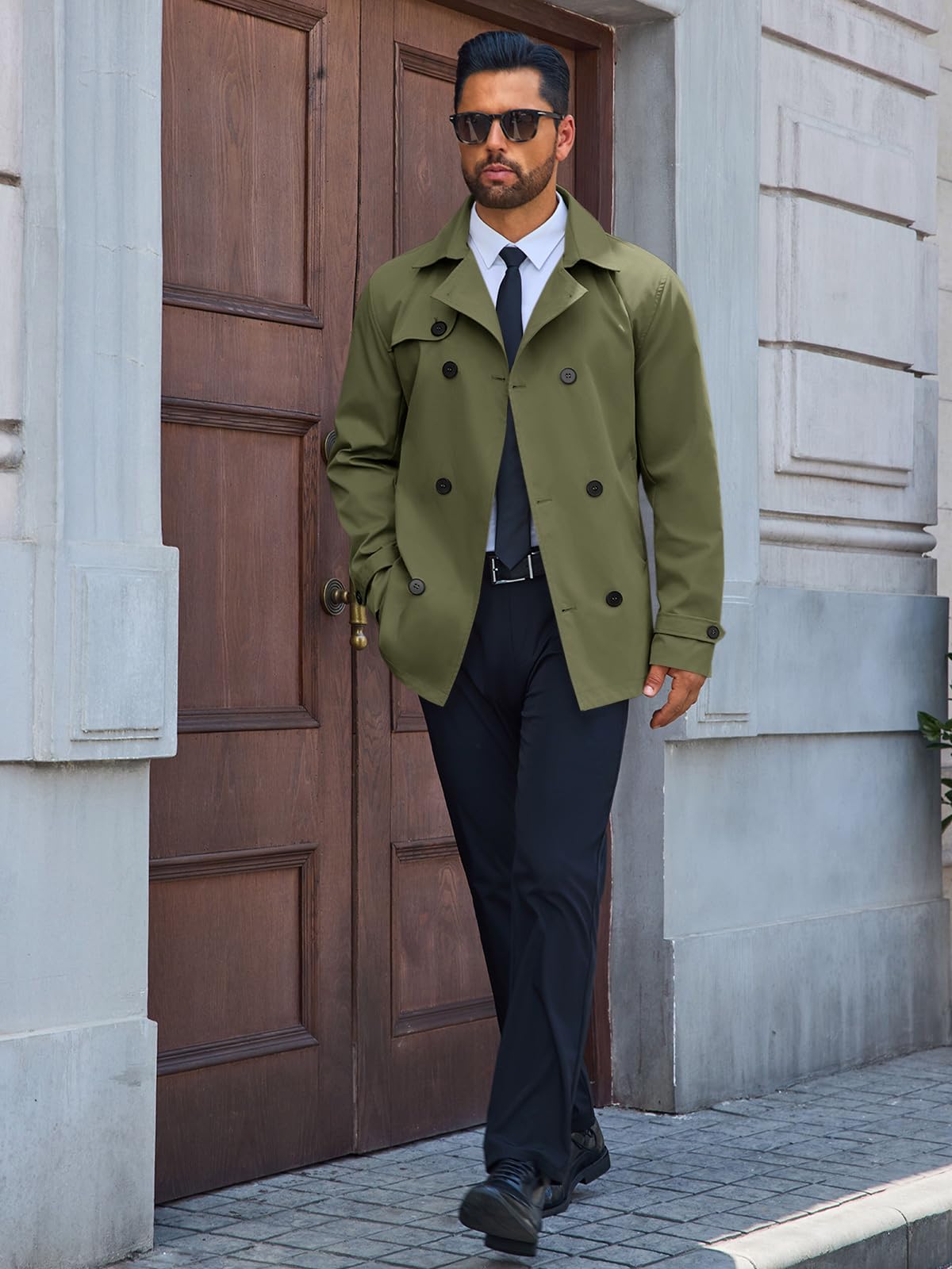 Runcati Mens Trench Coat Double Breasted Notched Lapel Jacket Casual Belted Windbreaker Overcoat