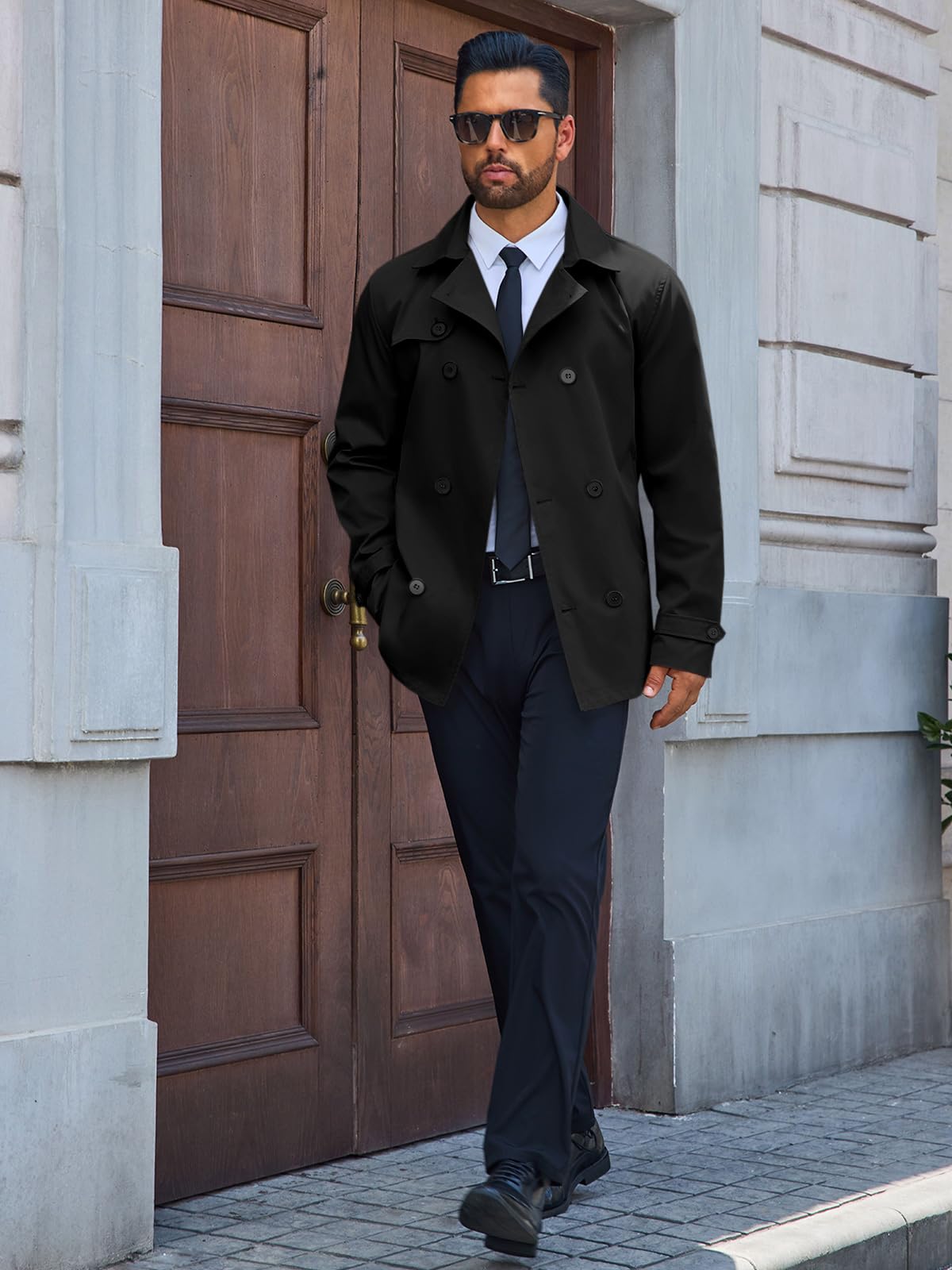 Runcati Mens Trench Coat Double Breasted Notched Lapel Jacket Casual Belted Windbreaker Overcoat