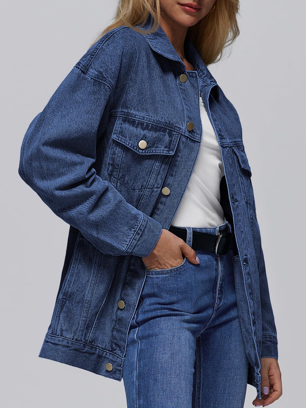 AUTOMET Women's Button Down Oversized Jeans Jacket with Pockets | Classic Denim Jacket with Chest Pockets, Loose Fit Boyfriend Style Coat for Fall