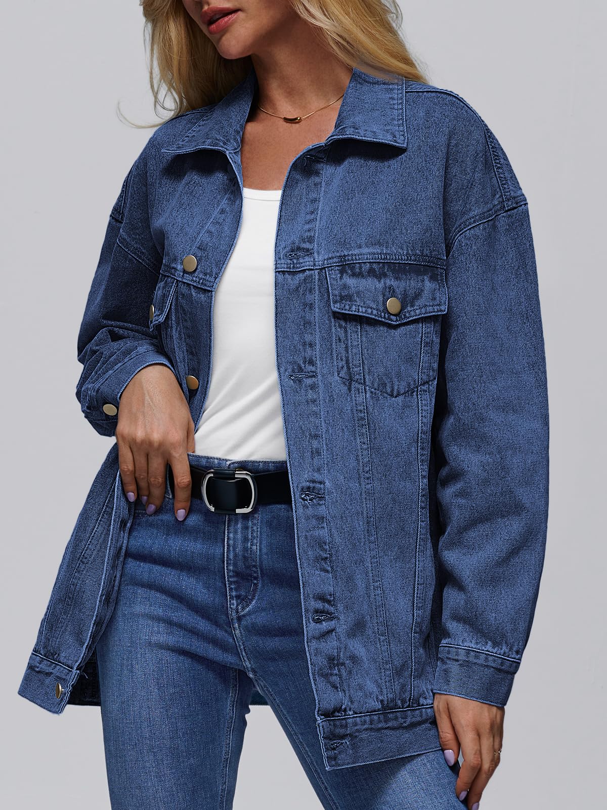 AUTOMET Women's Button Down Oversized Jeans Jacket with Pockets | Classic Denim Jacket with Chest Pockets, Loose Fit Boyfriend Style Coat for Fall