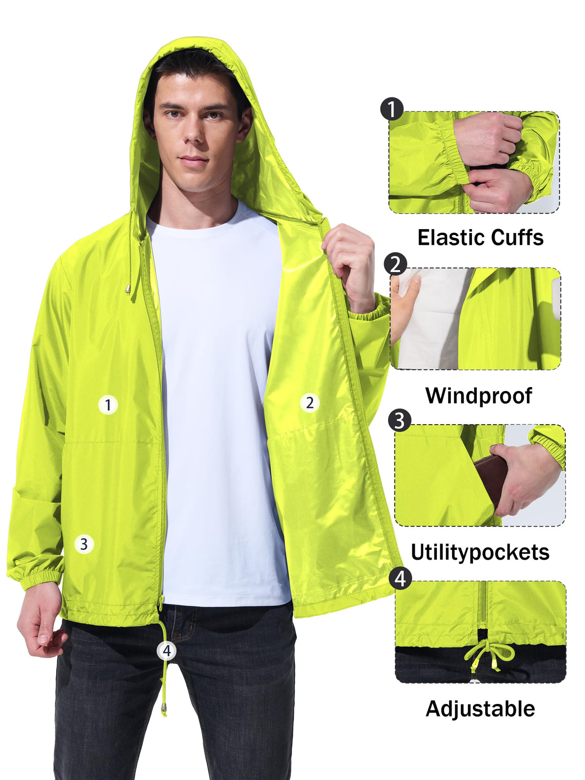 UIQUR Mens Rain Jacket Raincoat Windbreaker Running Waterproof Lightweight Packable with Hood Travel Hiking Cycling