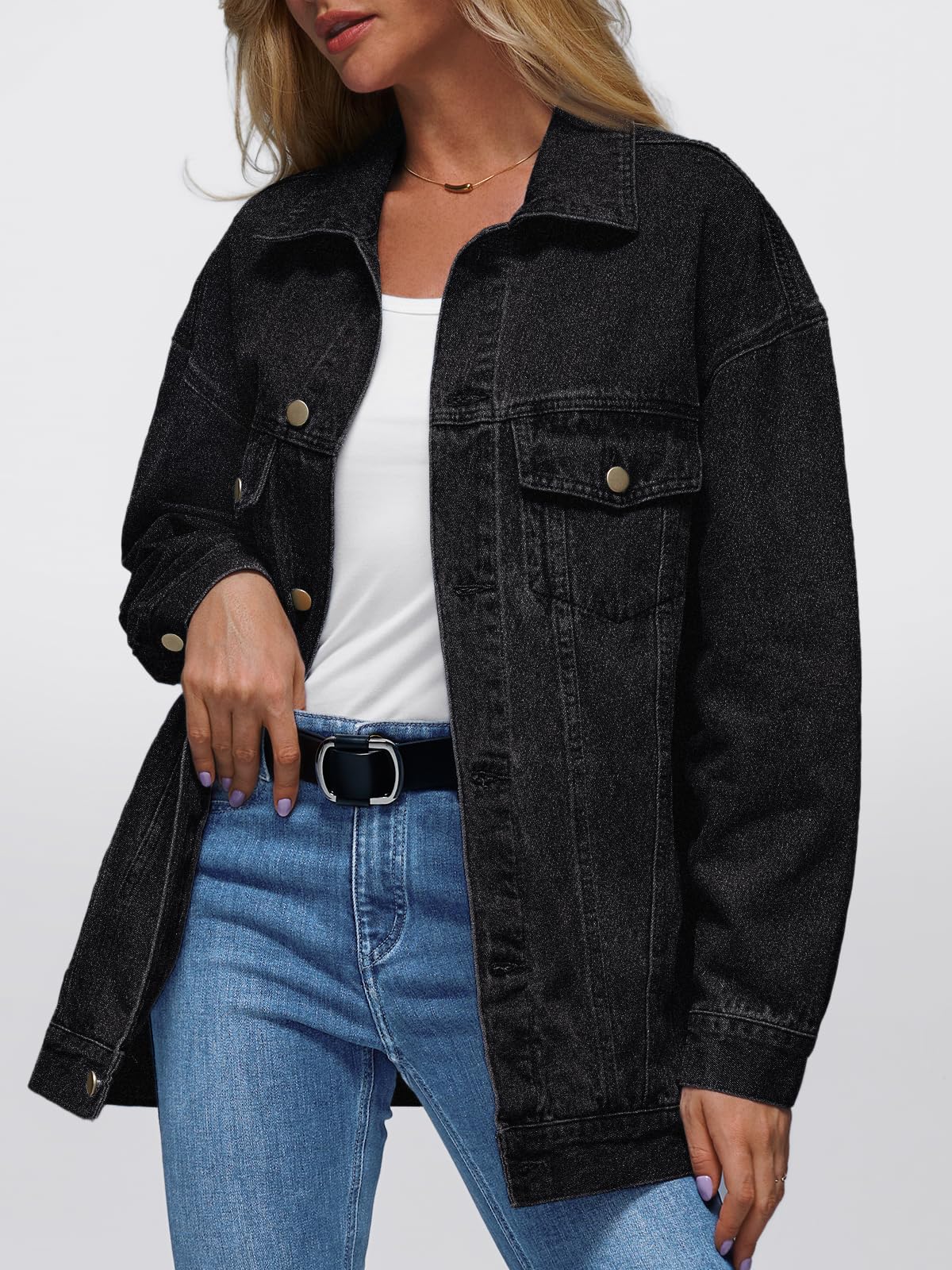 AUTOMET Women's Button Down Oversized Jeans Jacket with Pockets | Classic Denim Jacket with Chest Pockets, Loose Fit Boyfriend Style Coat for Fall