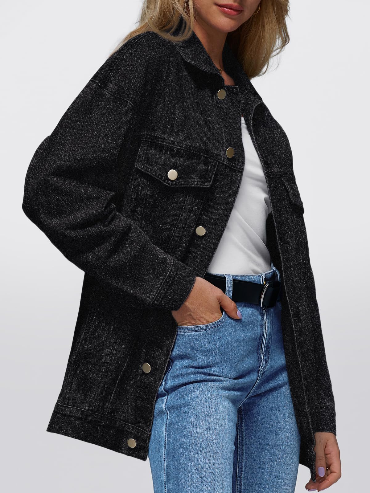 AUTOMET Women's Button Down Oversized Jeans Jacket with Pockets | Classic Denim Jacket with Chest Pockets, Loose Fit Boyfriend Style Coat for Fall