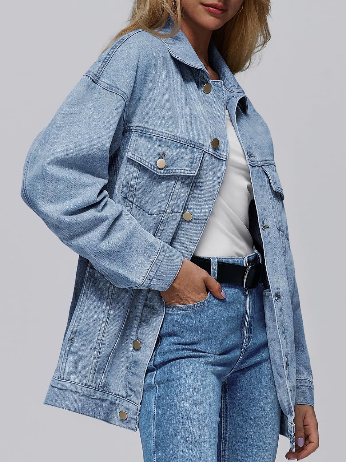 AUTOMET Women's Button Down Oversized Jeans Jacket with Pockets | Classic Denim Jacket with Chest Pockets, Loose Fit Boyfriend Style Coat for Fall